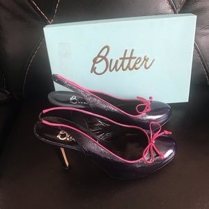 Navy blue leather sling back shoe.  New